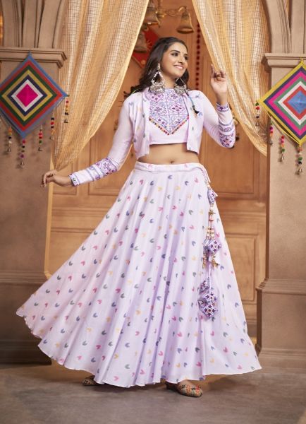 Light Lilac Cotton Jacquard Weaving & Thread-Work Navratri Special Readymade Lehenga Choli With Koti