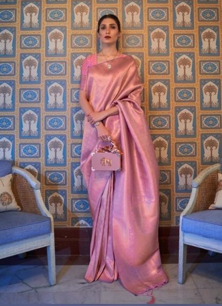 Pink Two Tone Handloom Weaving Silk Festive-Wear Saree