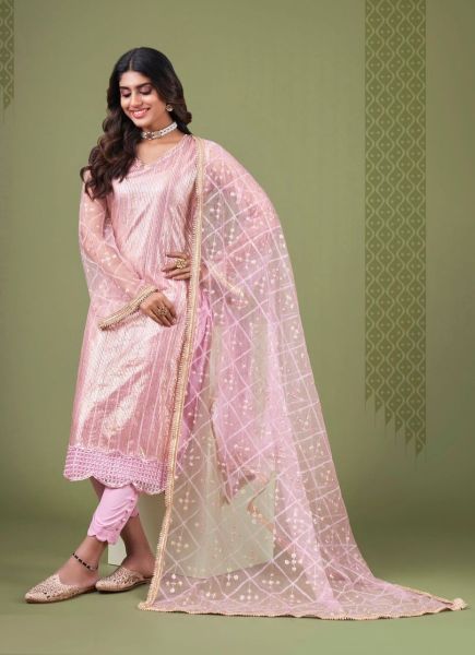 Pink Net With Sequins, Embroidery & Thread-Work Festive-Wear Salwar Kameez