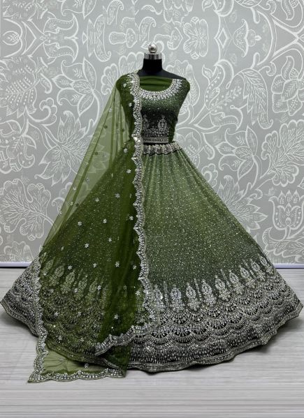 Olive Green Net With Zari, Embroidery & Mirror-Work Wedding-Wear Bridal Lehenga Choli
