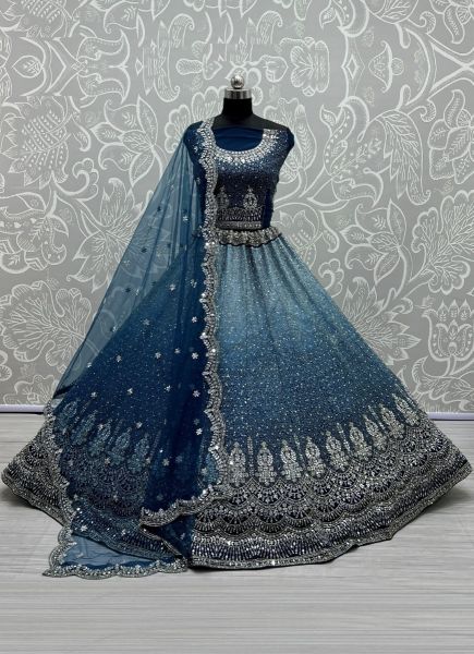 Blue Net With Zari, Embroidery & Mirror-Work Wedding-Wear Bridal Lehenga Choli