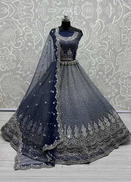 Light Blue Net With Zari, Embroidery & Mirror-Work Wedding-Wear Bridal Lehenga Choli
