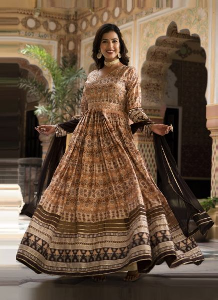 Brown Dola Silk Digitally Printed Readymade Gown With Chinon Dupatta For Traditional / Religious Occasions