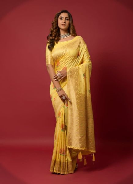 Yellow Minakari Weaving Festive-Wear Soft Silk Saree