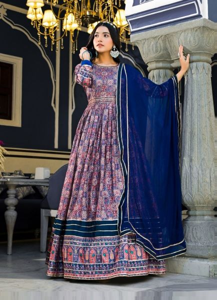 Blue & Wine Dola Silk Digitally Printed Readymade Gown With Chinon Dupatta For Traditional / Religious Occasions