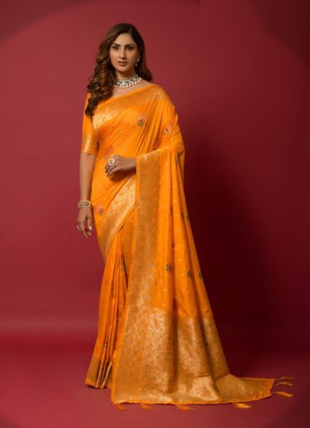 Dark Orange Minakari Weaving Festive-Wear Soft Silk Saree