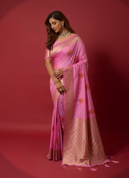 Hot Pink Minakari Weaving Festive-Wear Soft Silk Saree