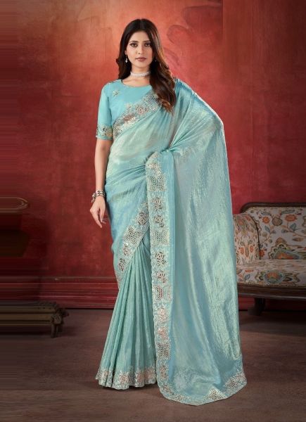 Light Blue Silk Crush Embroidered Party-Wear Saree