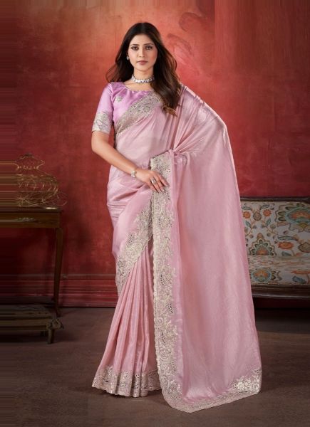Light Pink Silk Crush Embroidered Party-Wear Saree