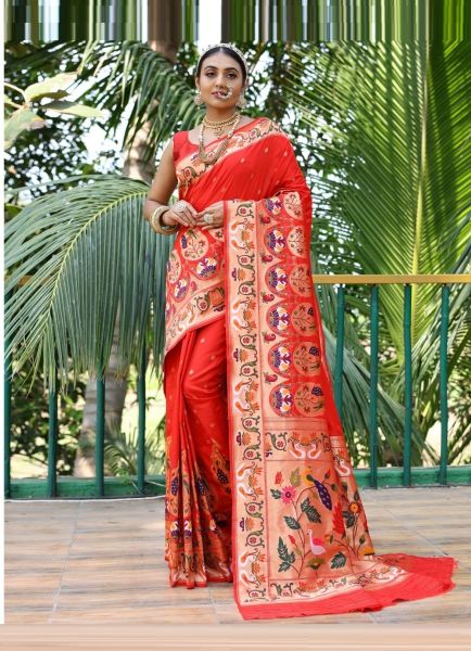 Red Paithani Silk Weaving Saree For Traditional / Religious Occasions
