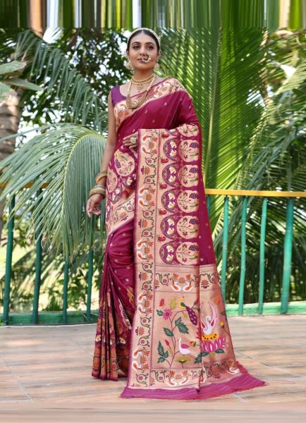 Wine Red Paithani Silk Weaving Saree For Traditional / Religious Occasions