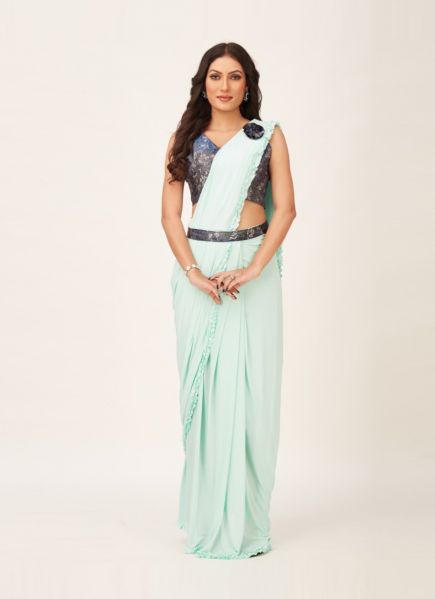 Light Aqua Imported Georgette Sequins-Work Party-Wear Saree With Belt