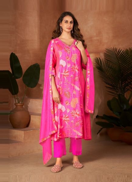 Hot Pink Muslin Digitally Printed Party-Wear Pant-Bottom Readymade Salwar Kameez