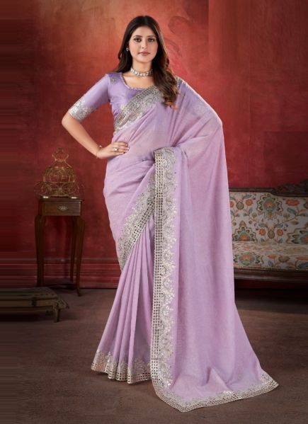 Lilac Silk Crush Embroidered Party-Wear Saree