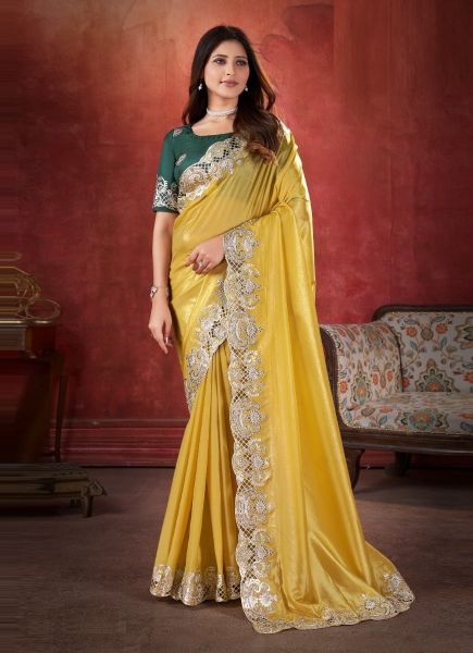 Yellow Silk Crush Embroidered Party-Wear Saree