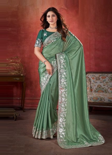 Sea Green Silk Crush Embroidered Party-Wear Saree