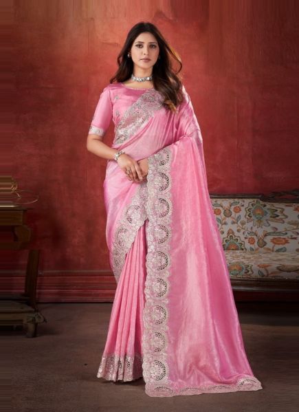 Pink Silk Crush Embroidered Party-Wear Saree