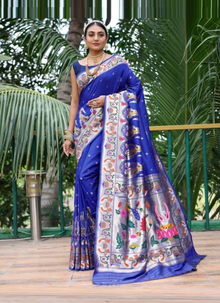 Royal Blue Paithani Silk Weaving Saree For Traditional / Religious Occasions