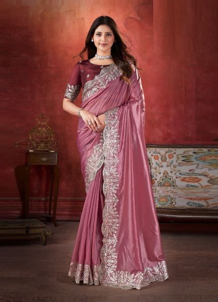 Mauve Pink Silk Crush Embroidered Party-Wear Saree