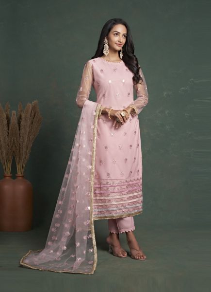 Pink Net With Sequins & Embroidery Work Party-Wear Salwar Kameez