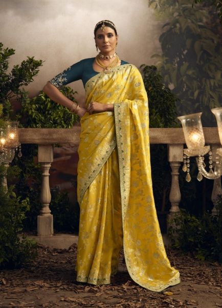Yellow Dola Silk Embroidered Party-Wear Saree
