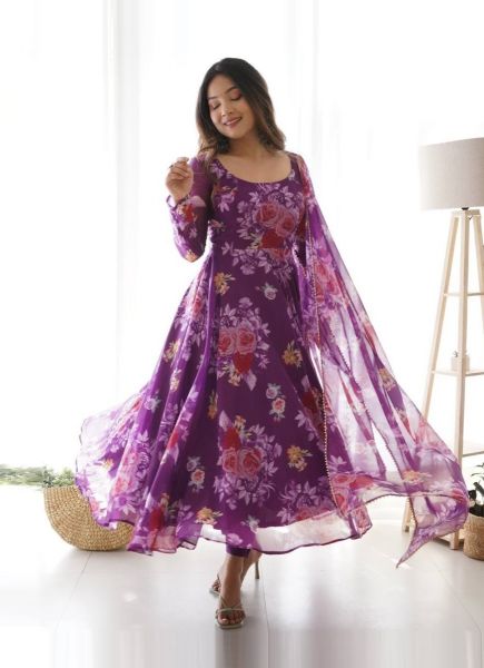 Purple Organza Digitally Printed Party-Wear Readymade Gown With Dupatta