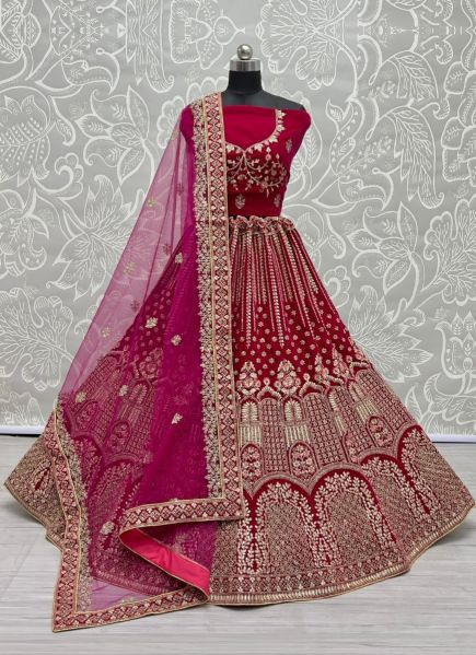 Magenta Velvet With Embroidery & Zarkan-Work Wedding-Wear Bridal Lehenga Choli