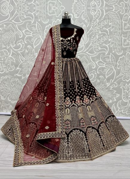 Dark Maroon Velvet With Embroidery & Zarkan-Work Wedding-Wear Bridal Lehenga Choli