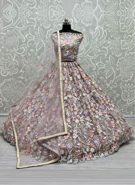 Dark Mauve Net & Cotton With Sequins, Embroidery & Thread-Work Wedding-Wear Bridal Lehenga Choli