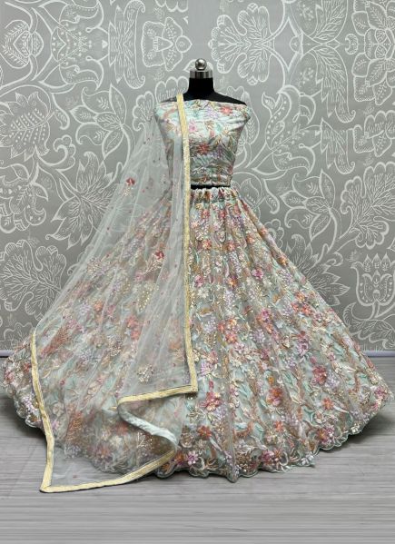 Light Sage Blue Net & Cotton With Sequins, Embroidery & Thread-Work Wedding-Wear Bridal Lehenga Choli