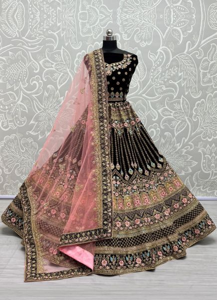 Black Velvet With Embroidery & Handwork Wedding-Wear Bridal Lehenga Choli