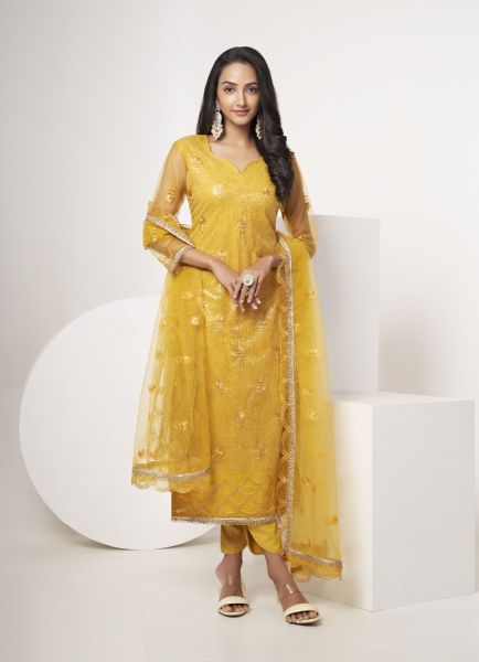Yellow Net Sequins & Embroidery Work Party-Wear Salwar Kameez