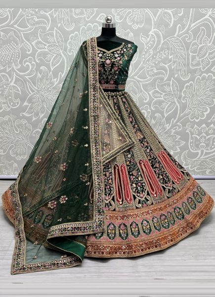 Dark Green Velvet Sequins, Embroidery, Diamond & Handwork Wedding-Wear Bridal Lehenga Choli