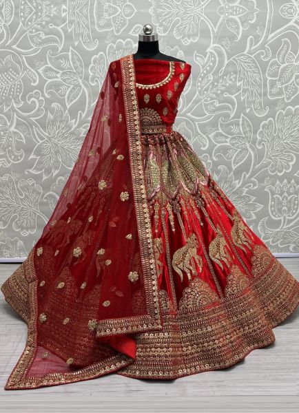 Red Velvet Thread, Sequins, Embroidery, Diamond & Handwork Wedding-Wear Bridal Lehenga Choli