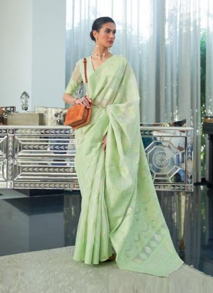 Light Green Cotton Chikankari Festive-Wear Lakhnavi Saree