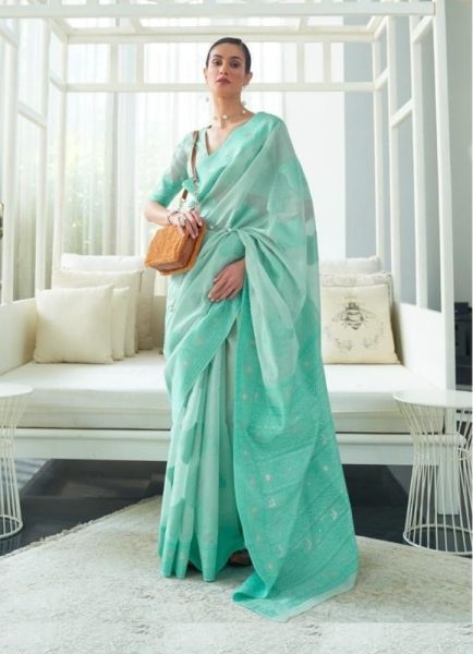 Aquamarine Cotton Chikankari Festive-Wear Lakhnavi Saree
