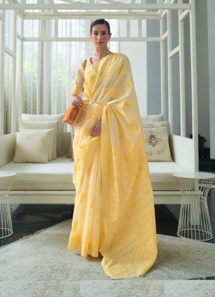 Light Yellow Cotton Chikankari Festive-Wear Lakhnavi Saree