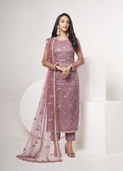 Mauve Pink Net Sequins & Embroidery Work Party-Wear Salwar Kameez