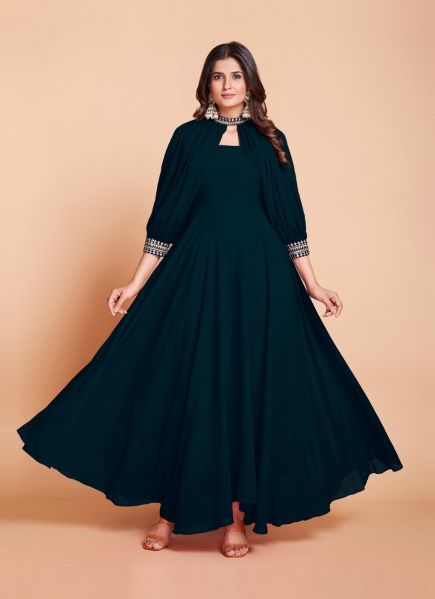 Dark Teal Blue Georgette with Sequins-Work Party-Wear Readymade Anarkali Gown