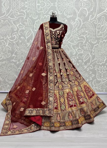 Dark Maroon Velvet Zari, Thread, Embroidery & Hand-Work Wedding-Wear Bridal Lehenga Choli