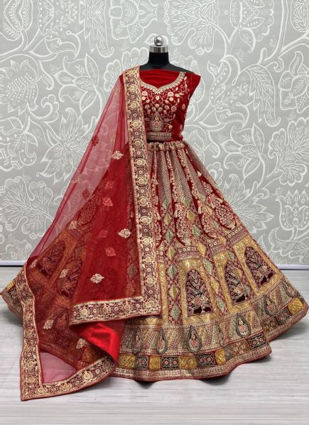 Red Velvet Zari, Thread, Embroidery & Hand-Work Wedding-Wear Bridal Lehenga Choli