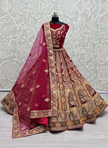 Dark Magenta Velvet Zari, Thread, Embroidery & Hand-Work Wedding-Wear Bridal Lehenga Choli