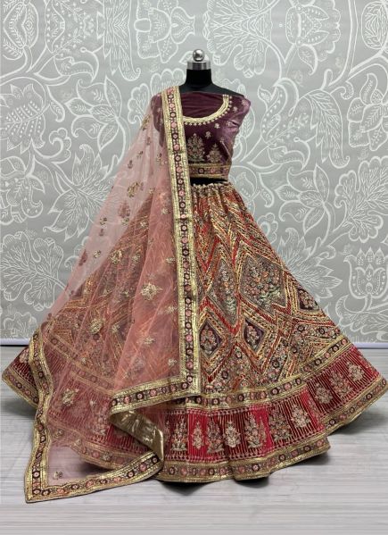 Wine Velvet Thread, Embroidery, Diamond & Stone-Work Wedding-Wear Bridal Lehenga Choli