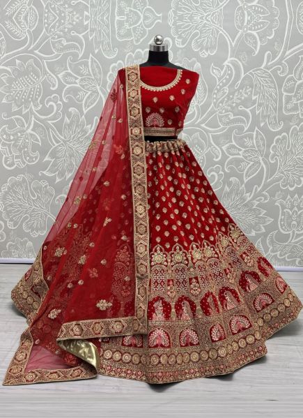 Red Velvet Thread, Embroidery & Hand-Work Wedding-Wear Bridal Lehenga Choli