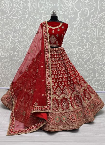 Red Velvet Sequins, Zari, Thread, Embroidery-Work Wedding-Wear Bridal Lehenga Choli