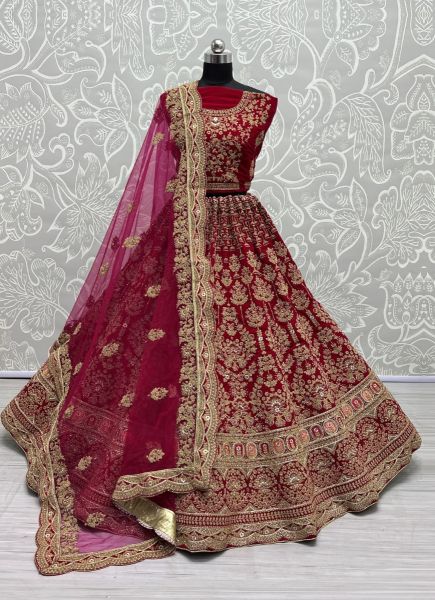Wine Red Velvet Thread, Embroidery, Diamond & Hand-Work Wedding-Wear Bridal Lehenga Choli