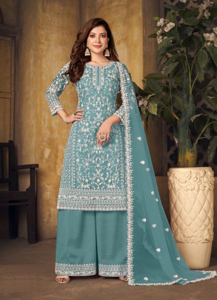 Teal Blue Net With Embroidery & Thread-Work Festive-Wear Palazzo-Bottom Salwar Kameez