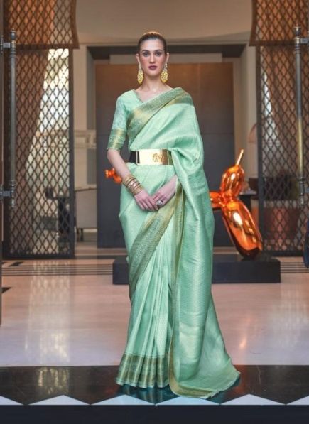 Light Mint Green Silk Party-Wear Saree with Handloom Weaving