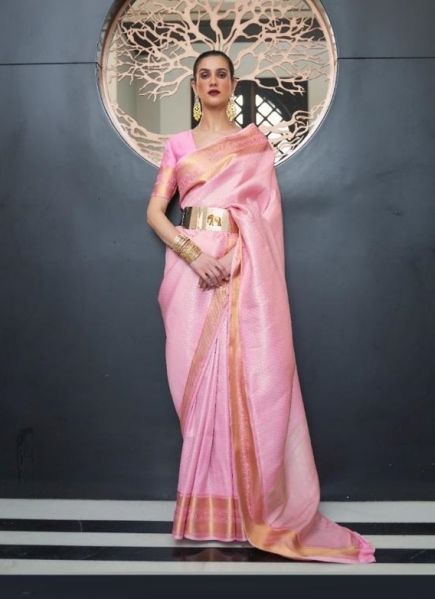 Pink Silk Party-Wear Saree with Handloom Weaving