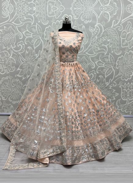 Light Peach Net With Embroidery & Sequins-Work Party-Wear Lehenga Choli